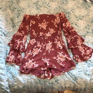Burgundy floral off the shoulder romper